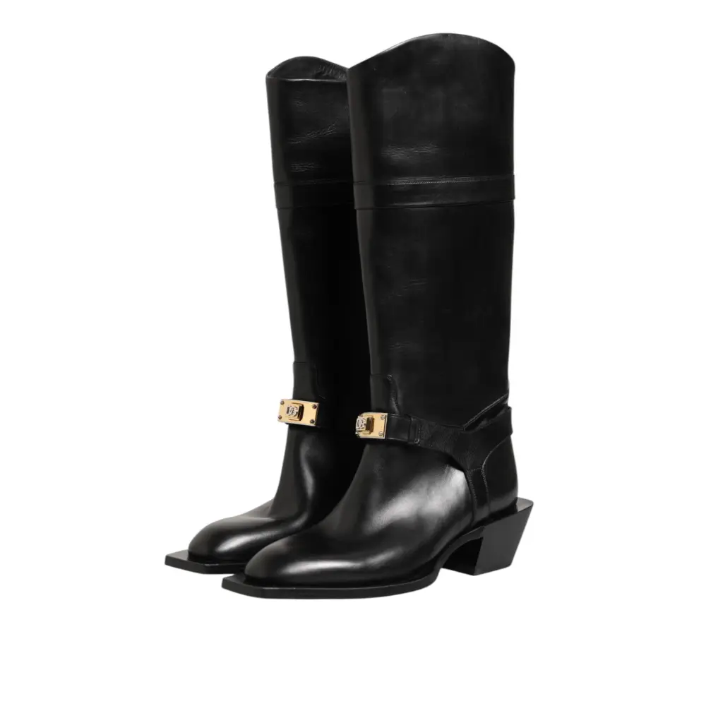 Dolce & Gabbana Schwarzes Logo Plaque Over The Calf Stiefel Schuhe - EU44/US11