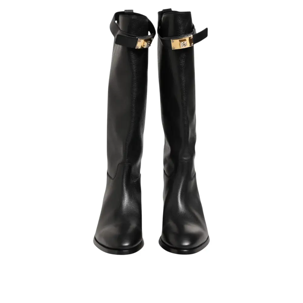 Dolce & Gabbana Schwarzes Logo Plaque Over The Calf Stiefel Schuhe - EU44/US11