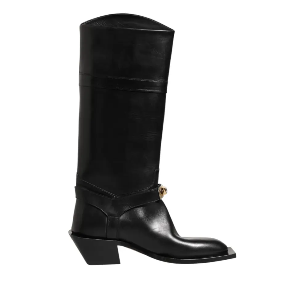 Dolce & Gabbana Schwarzes Logo Plaque Over The Calf Stiefel Schuhe - EU44/US11