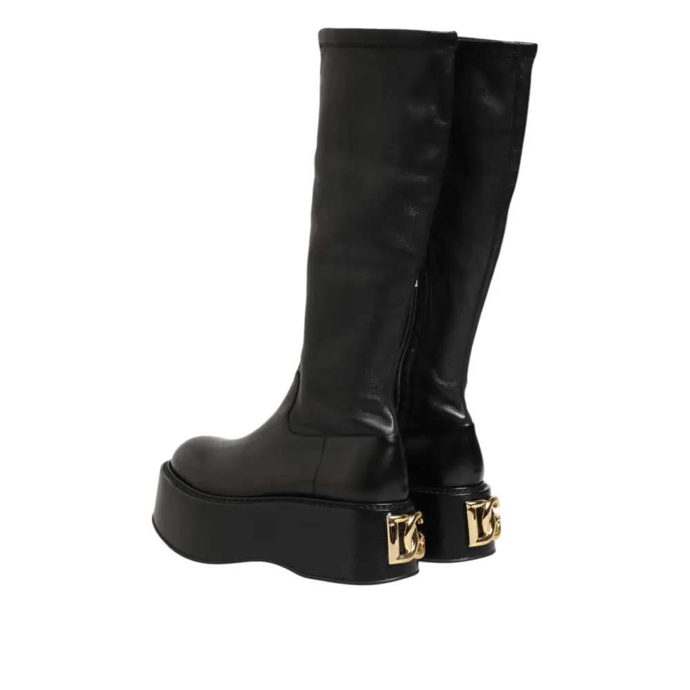 Dolce & Gabbana Schwarzes Logo Plaque Over The Calf Stiefel Schuhe - EU44/US11