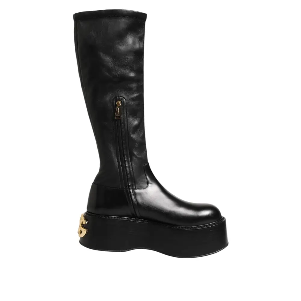 Dolce & Gabbana Schwarzes Logo Plaque Over The Calf Stiefel Schuhe - EU44/US11