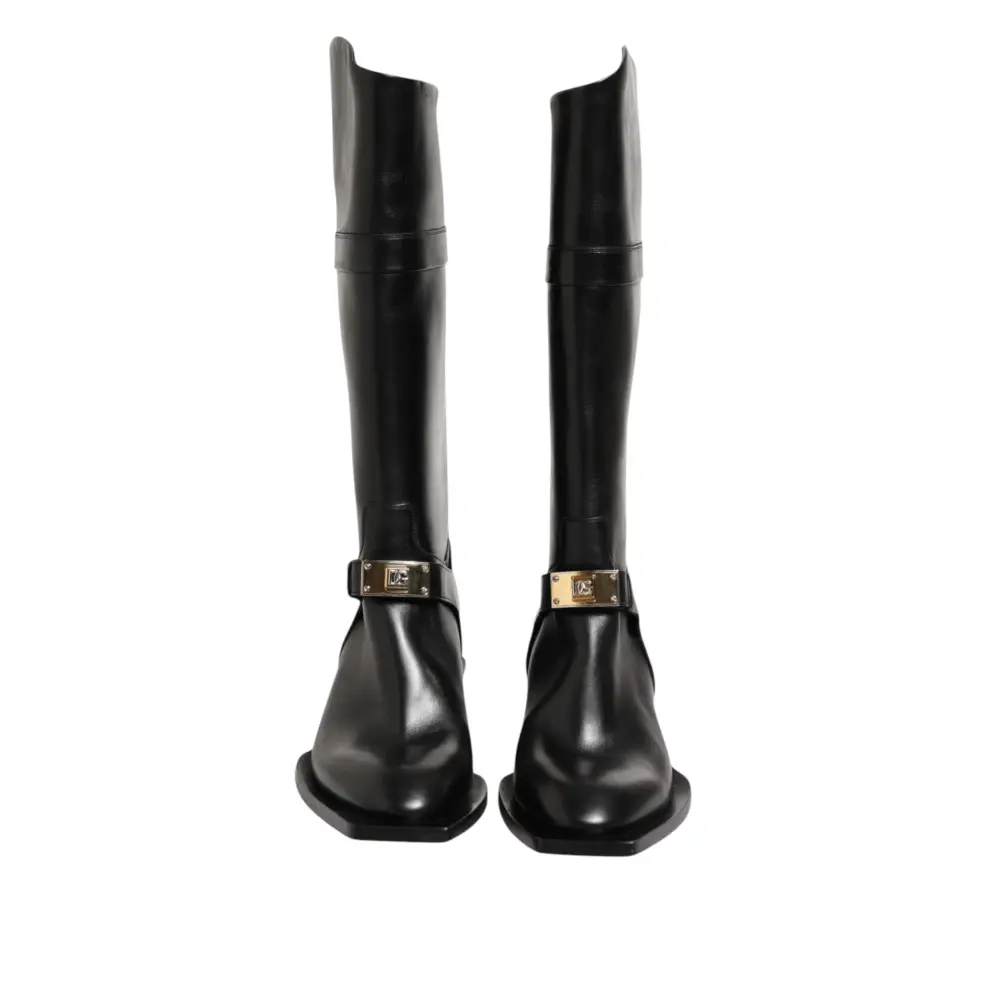 Dolce & Gabbana Schwarzes Logo Plaque Over The Calf Stiefel Schuhe - EU44/US11