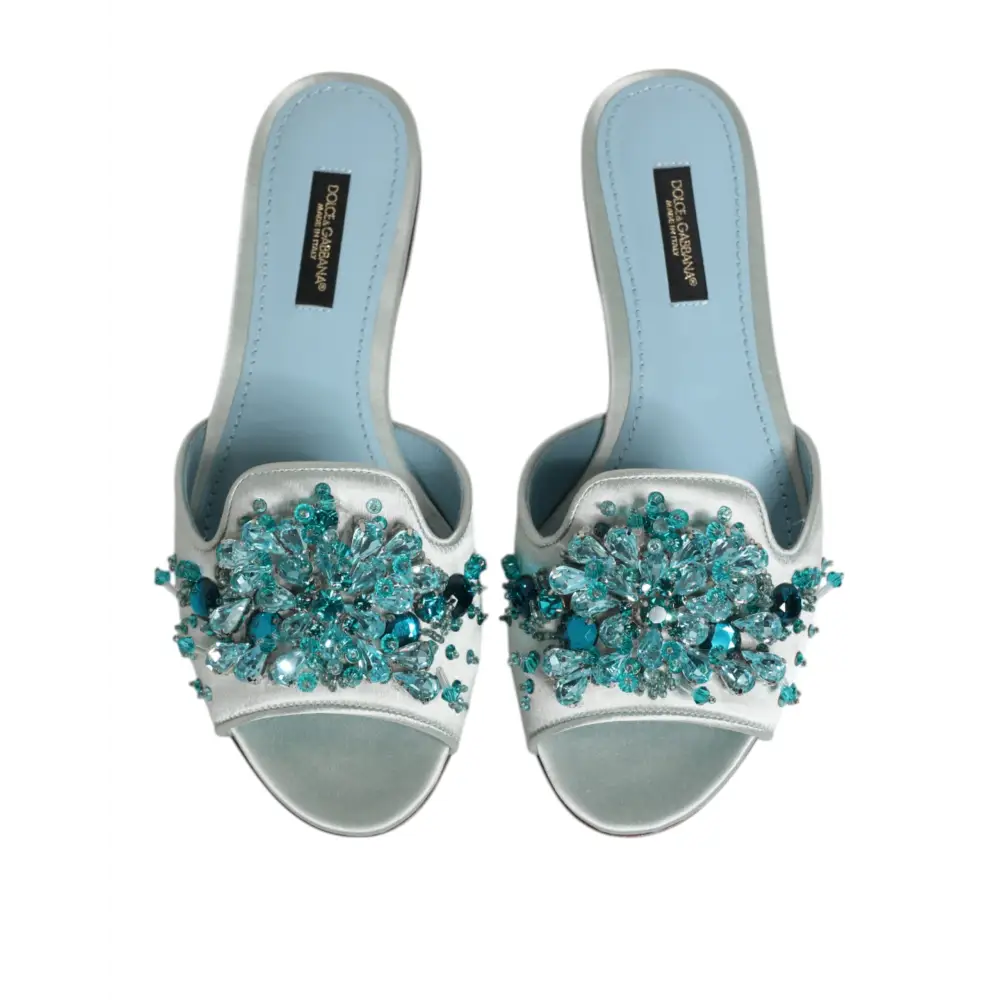 Dolce & Gabbana Silber blaue Leder Perlen verschönern Slide Schuhe