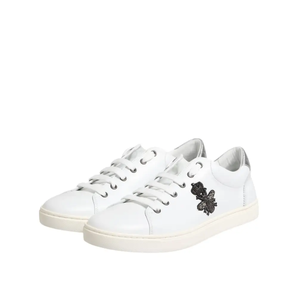 Dolce & Gabbana Weiß Crown Bee Leder Low Top Turnschuhe Schuhe - EU42/US9