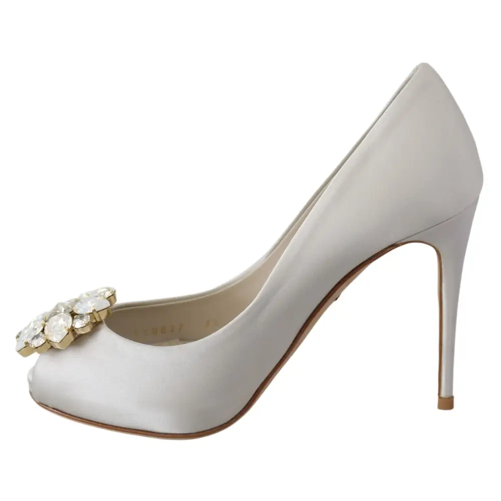 Dolce & Gabbana Weiß Crystals Peep Toe Heels Satin Pumps Schuhe