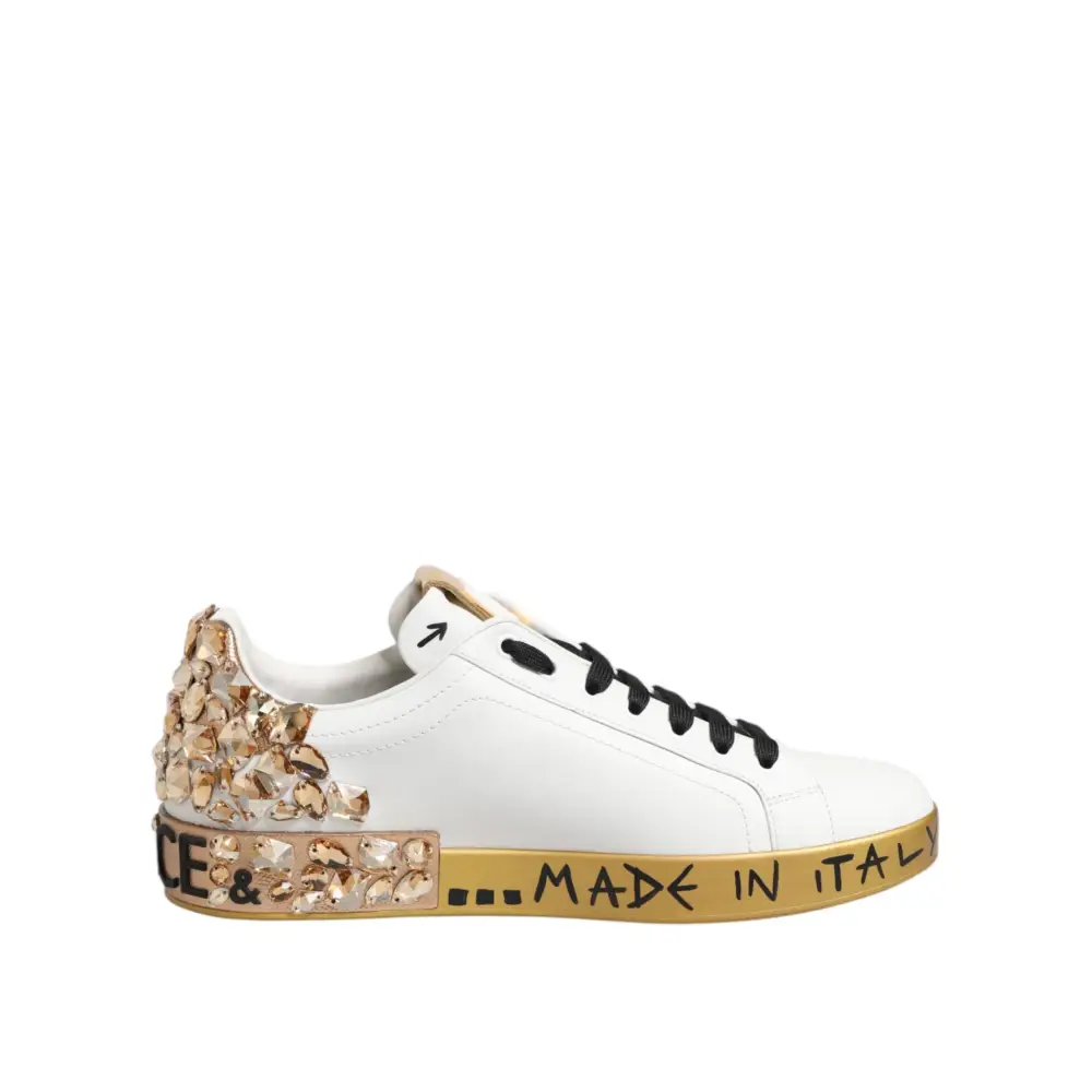 Dolce & Gabbana Weiß Gold Kristall Portofino Turnschuhe Schuhe