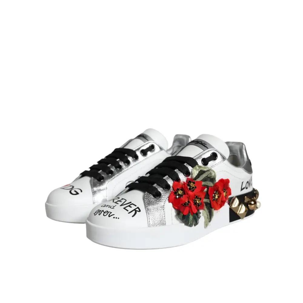 Dolce & Gabbana Weiß Leder Floral Nieten Turnschuhe Schuhe