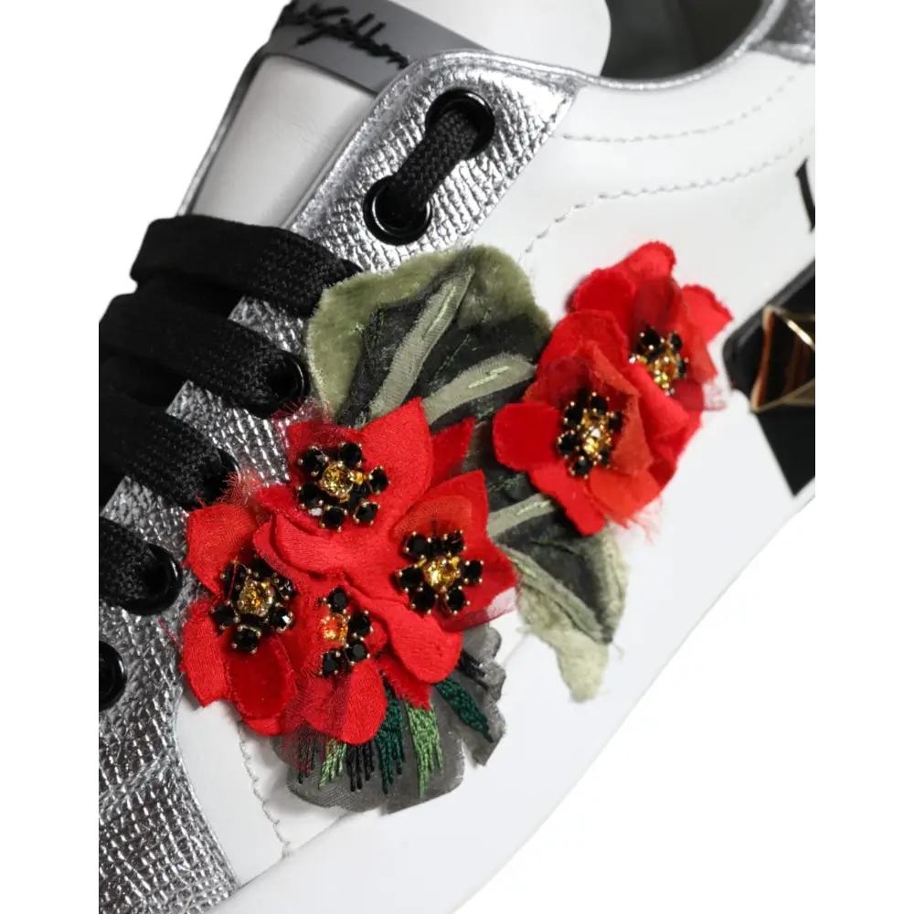 Dolce & Gabbana Weiß Leder Floral Nieten Turnschuhe Schuhe