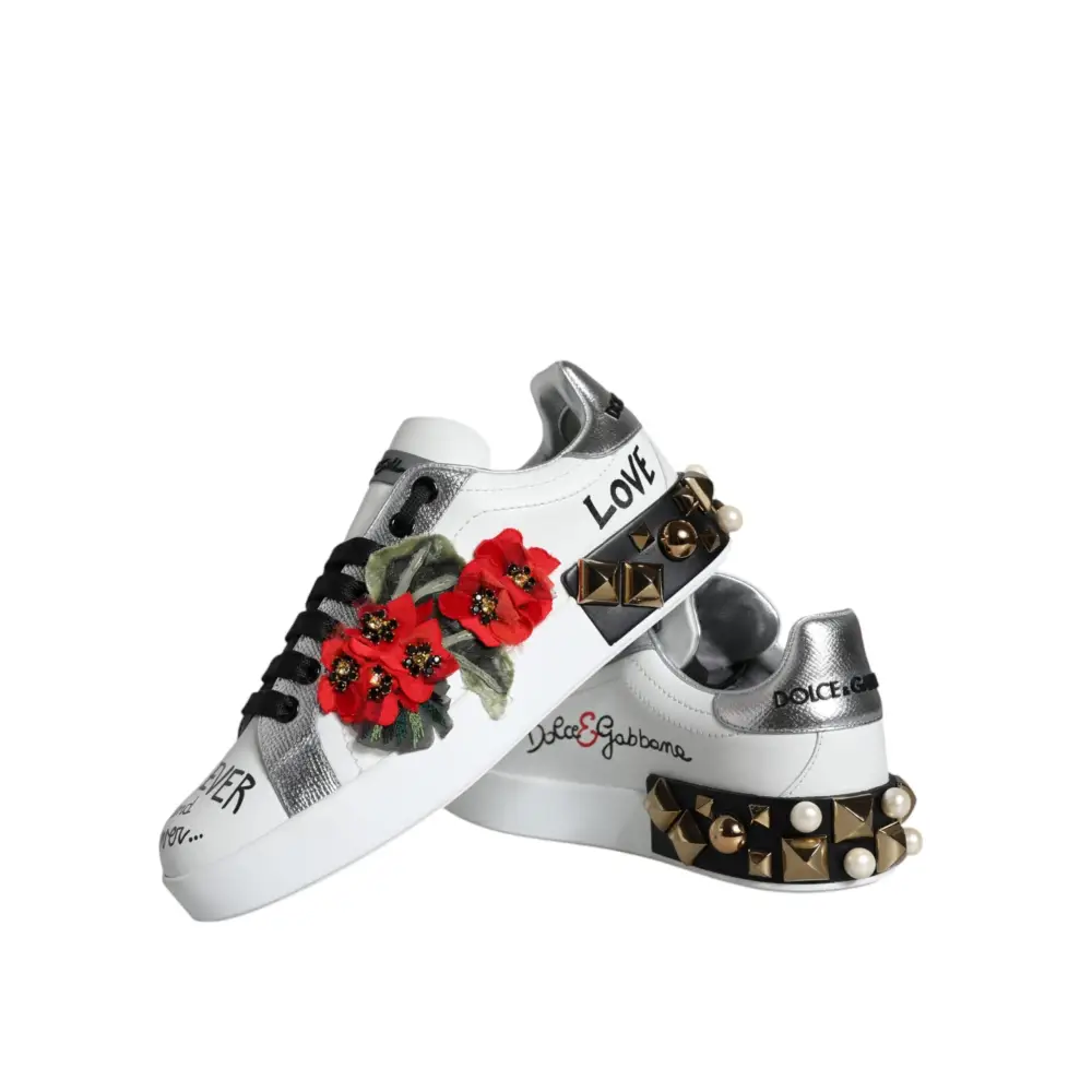 Dolce & Gabbana Weiß Leder Floral Nieten Turnschuhe Schuhe