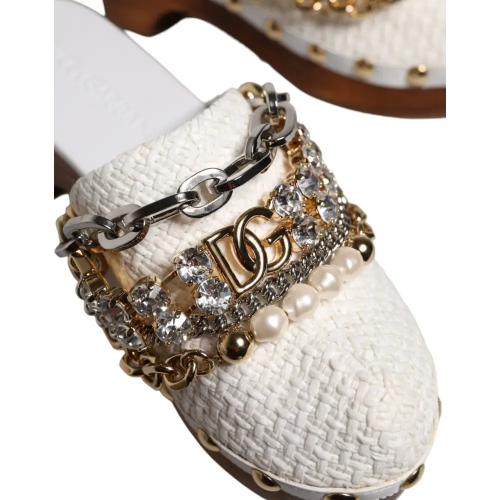 Dolce & Gabbana Weiß Raffia Clogs Bejeweled Kette Sandalen Schuhe - EU35.5/US5