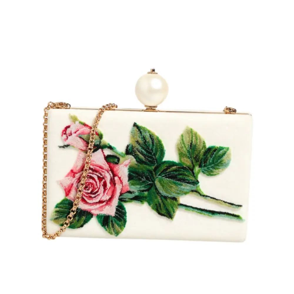 Dolce & Gabbana Weiß Rose Stickerei Seide Gold Frame Clutch Geldbeutel Tasche