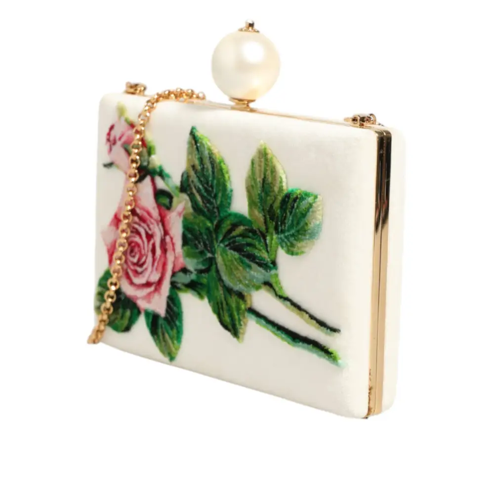 Dolce & Gabbana Weiß Rose Stickerei Seide Gold Frame Clutch Geldbeutel Tasche