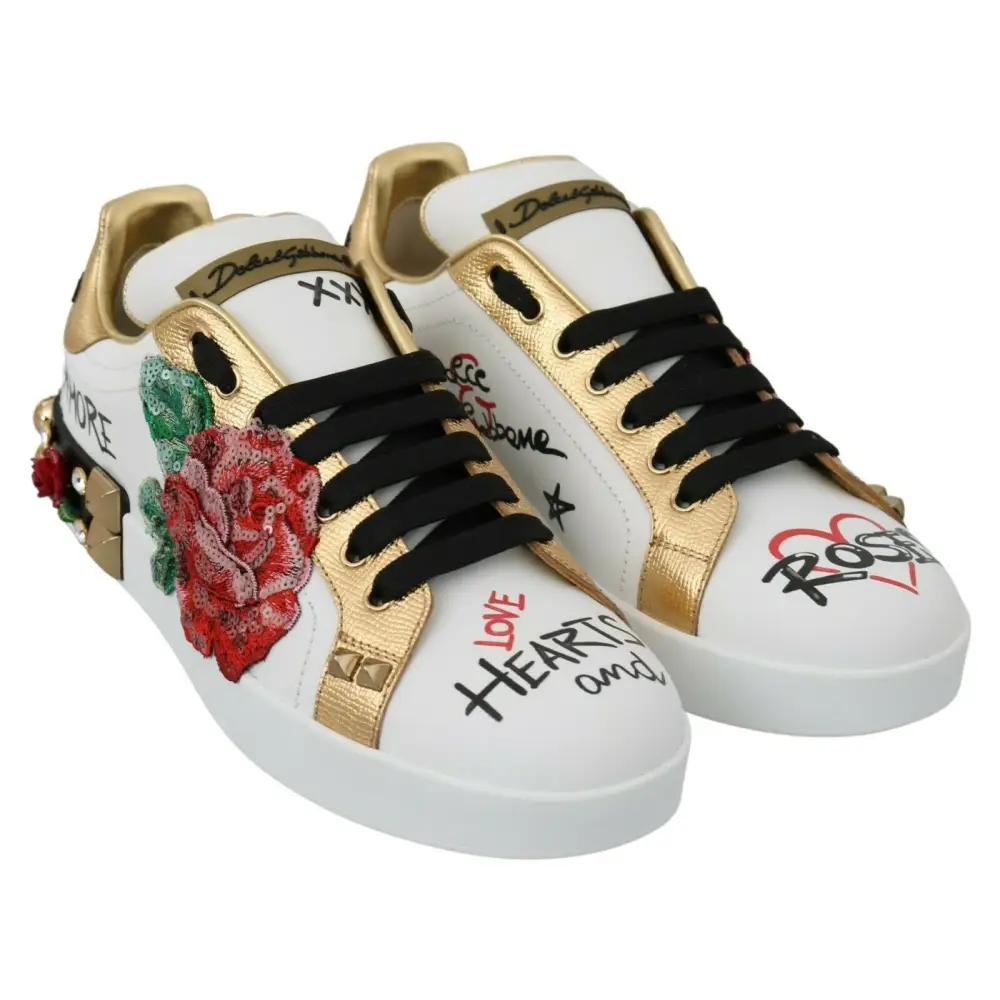 Dolce & Gabbana Weiß Rosen Pailletten Kristall Damen Turnschuhe Schuhe