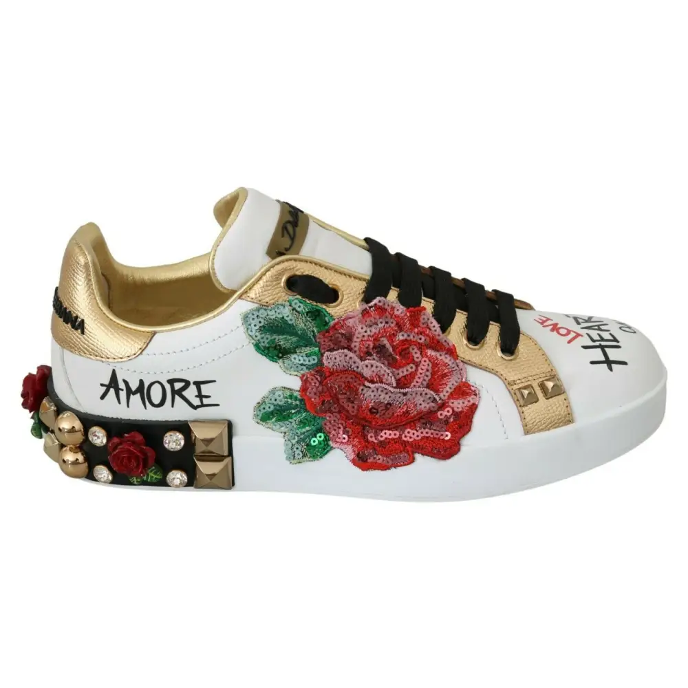 Dolce & Gabbana Weiß Rosen Pailletten Kristall Damen Turnschuhe Schuhe