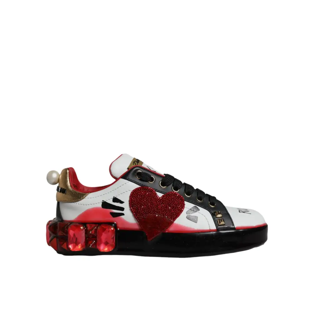 Dolce & Gabbana Weiß Rot Kristalle Leder Portofino Turnschuhe Schuhe - EU35/US4.5