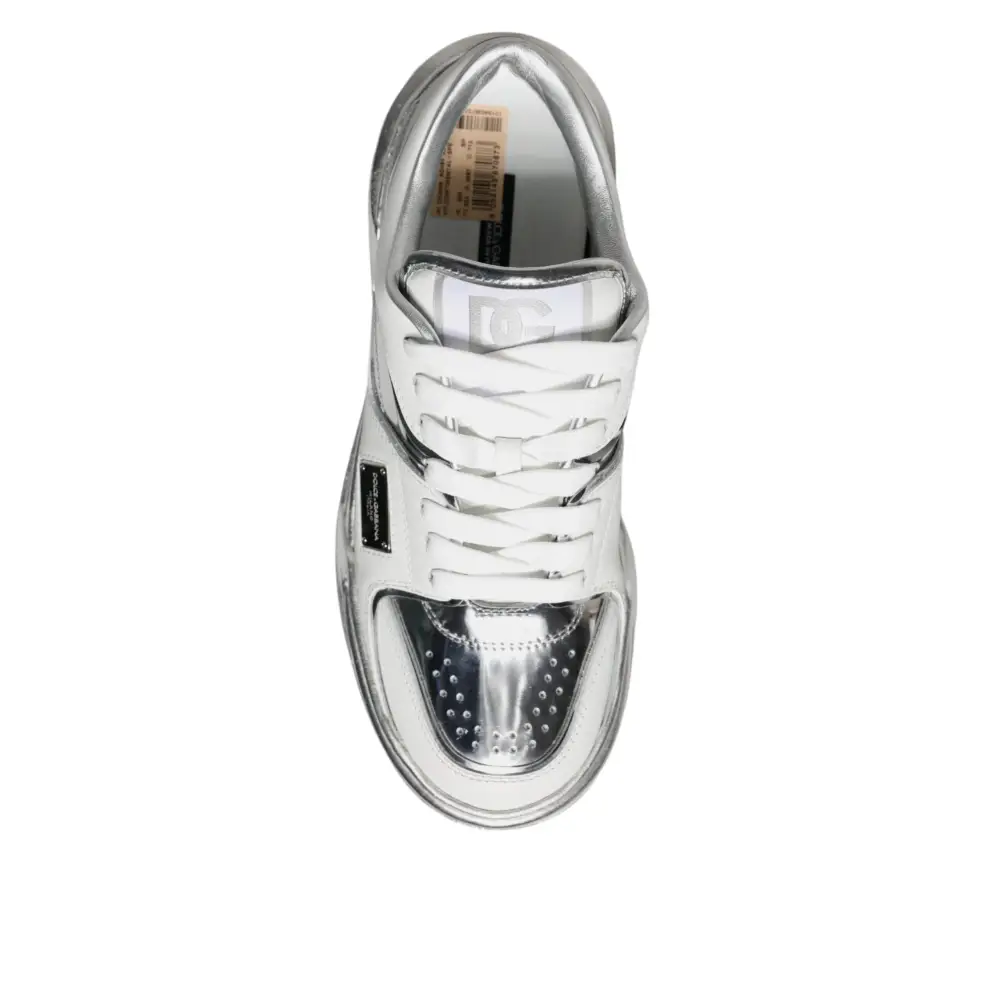 Dolce & Gabbana Weiß Silber Leder Low Top Sneakers Schuhe - EU39/US8.5