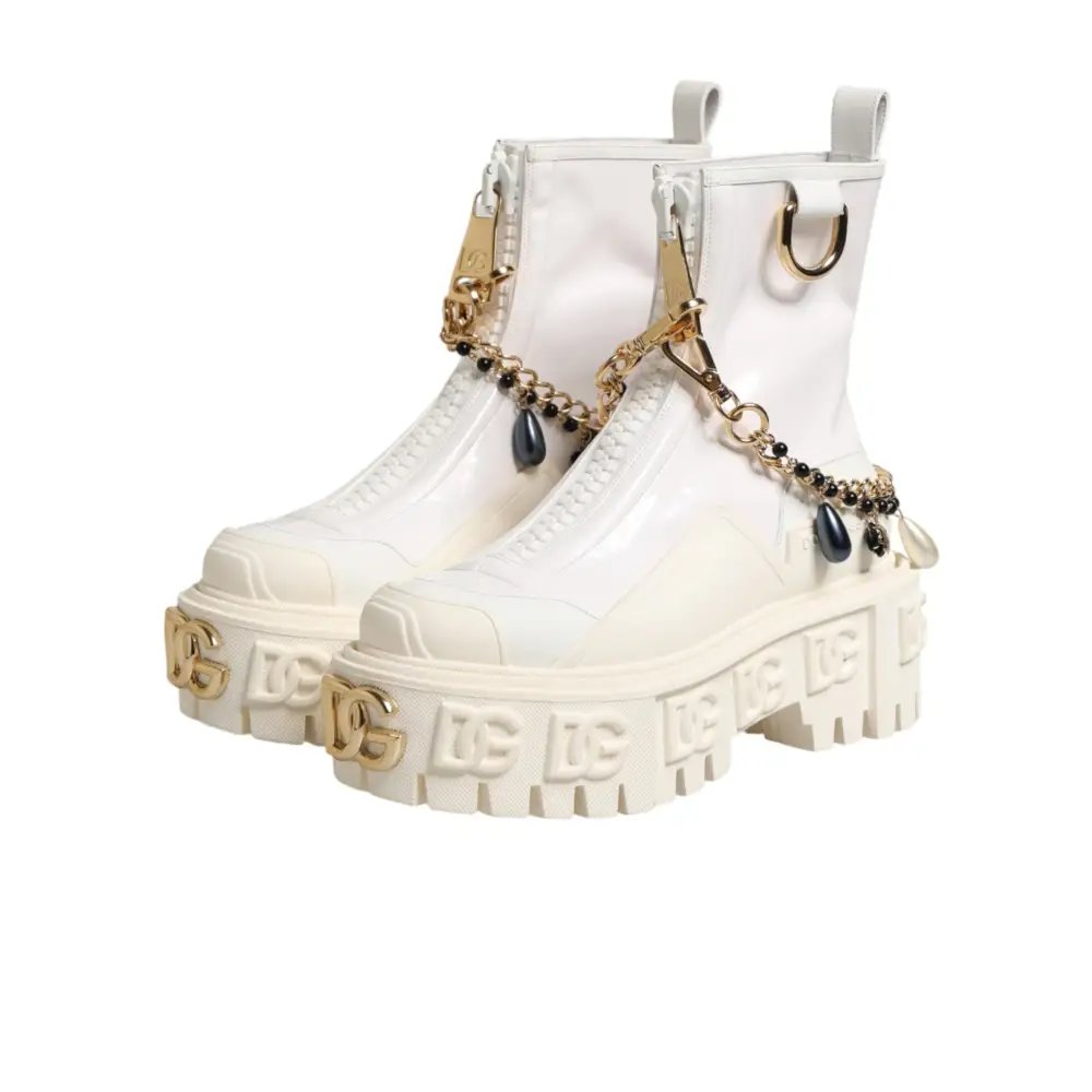 Dolce & Gabbana Weiße Leder-Stiefeletten mit Gummi-Logo - EU36/US5.5