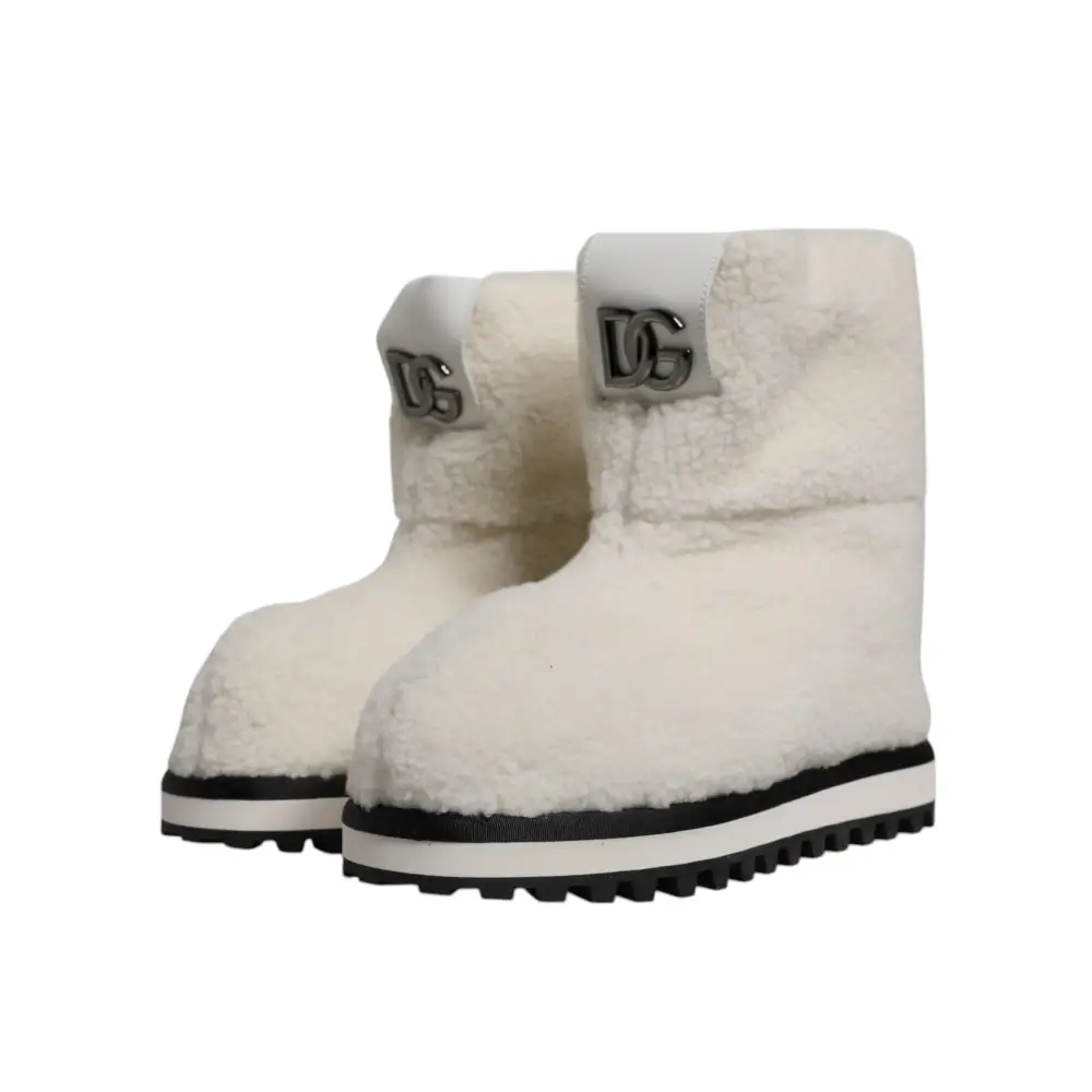 Dolce & Gabbana Weiße Plüsch Logo Gepolsterte Mittlere Wadenstiefel Schuhe - EU44/US11
