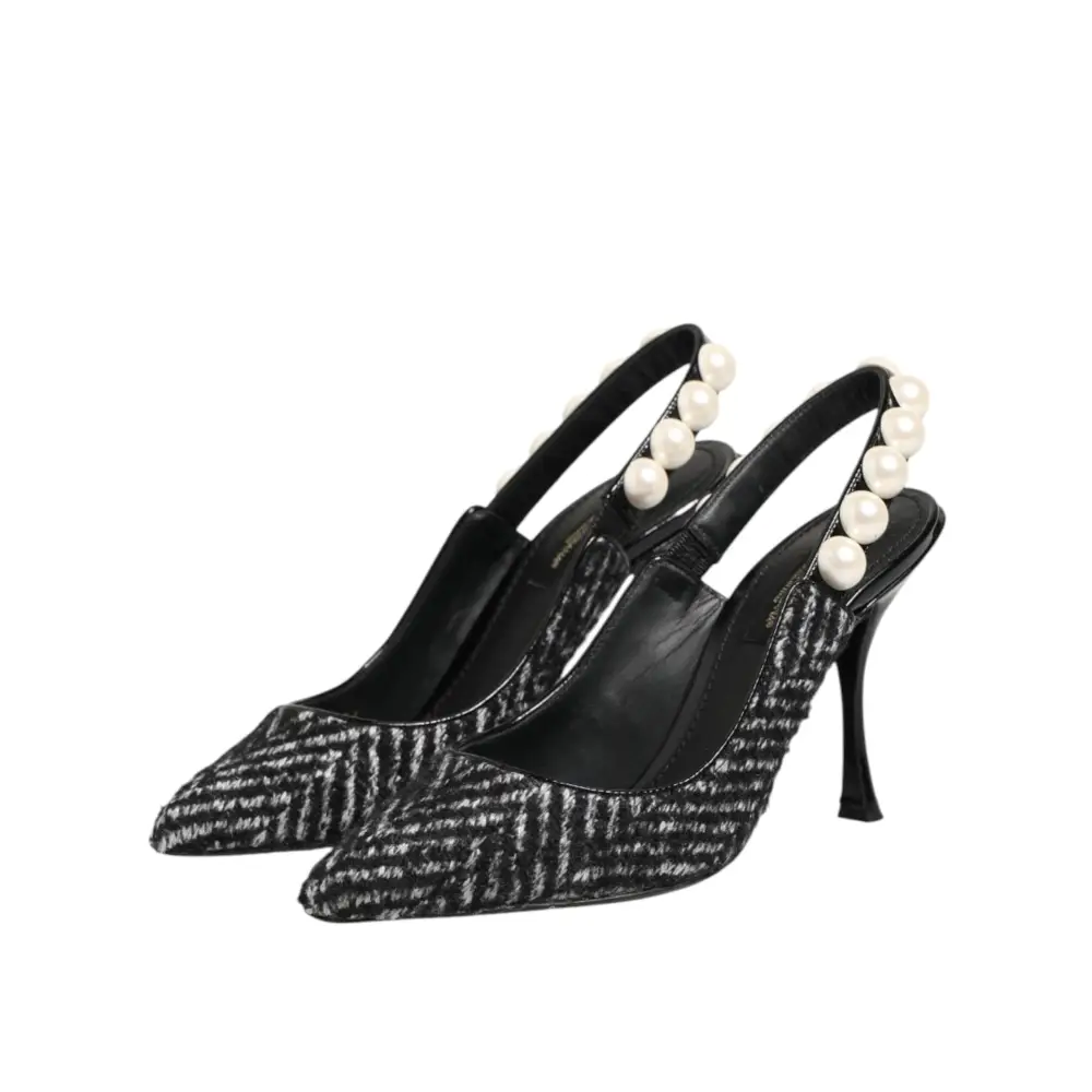 Dolce & Gabbana Weiße Slingback-Schuhe mit Schwarz-Weiß-Chevron-Muster und Kunstperlen - EU36/US5.5