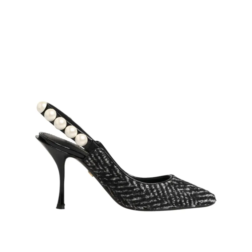 Dolce & Gabbana Weiße Slingback-Schuhe mit Schwarz-Weiß-Chevron-Muster und Kunstperlen - EU36/US5.5