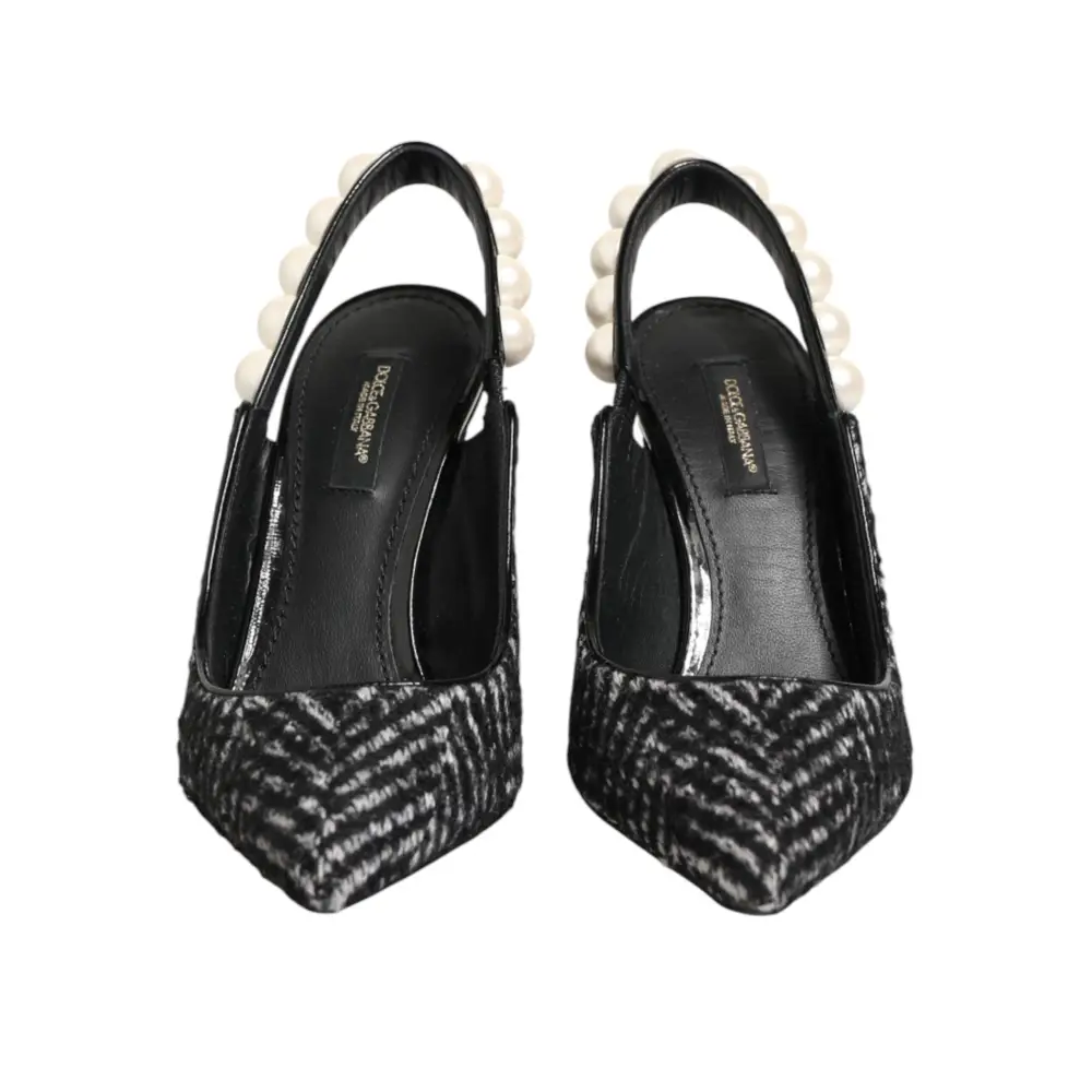 Dolce & Gabbana Weiße Slingback-Schuhe mit Schwarz-Weiß-Chevron-Muster und Kunstperlen - EU36/US5.5