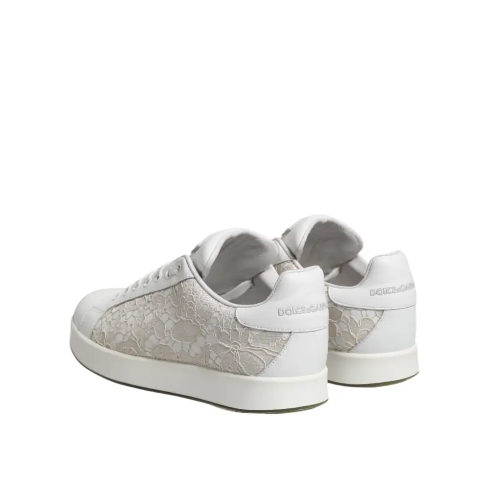 Dolce & Gabbana Weiße Spitze Leder Low Top Sneaker Schuhe - EU37.5/US7