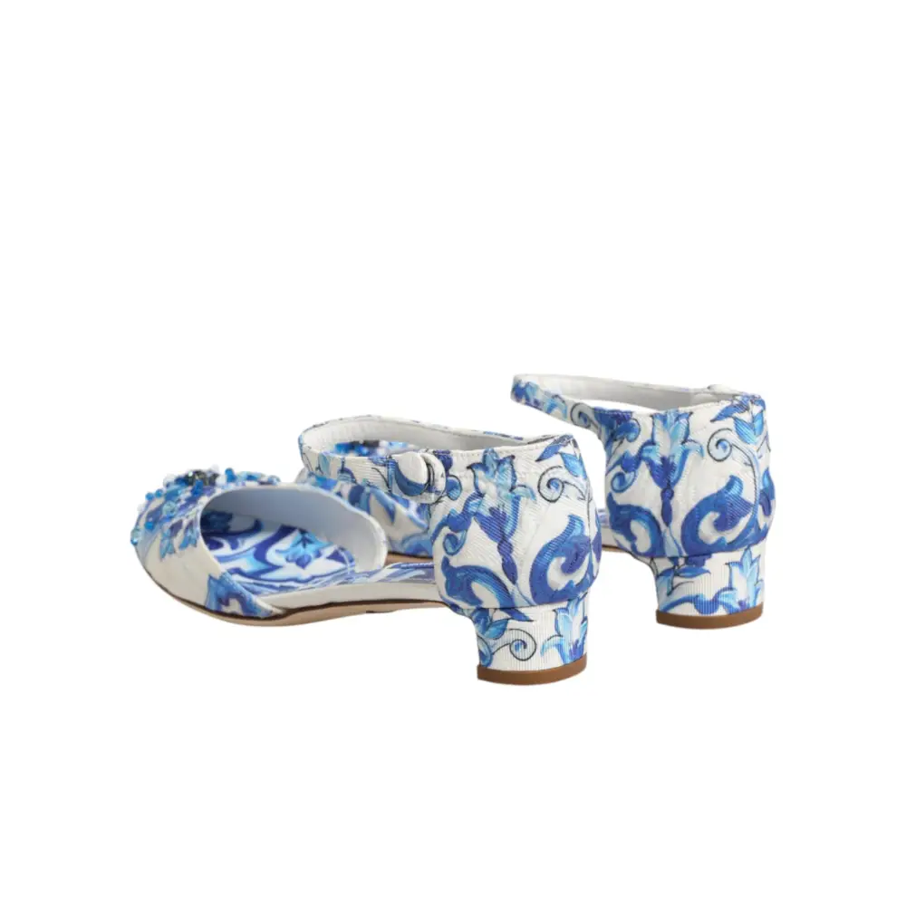 Dolce & Gabbana Weiße und blaue Sandalen mit Blumenmuster und Kristallen - EU36/US5.5