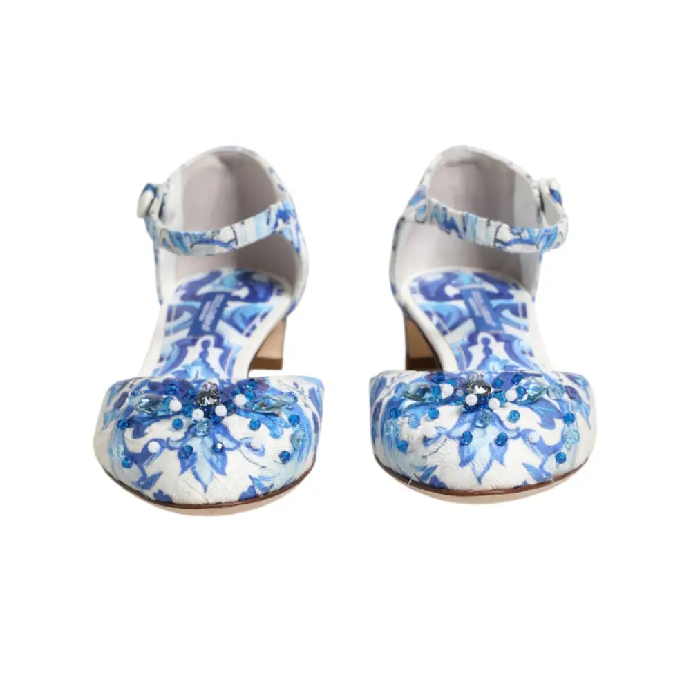 Dolce & Gabbana Weiße und blaue Sandalen mit Blumenmuster und Kristallen - EU36/US5.5