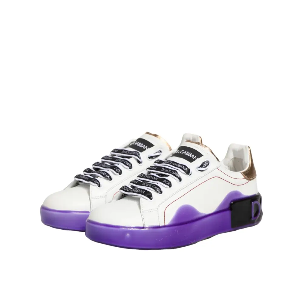 Dolce & Gabbana Weiße und Lila Leder-Sneaker mit niedrigem Schaft - EU37/US6.5