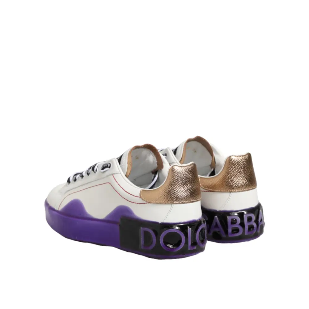 Dolce & Gabbana Weiße und Lila Leder-Sneaker mit niedrigem Schaft - EU37/US6.5
