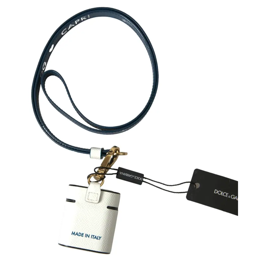 Dolce & Gabbana Weißes blaues Kalbsleder Logo Druck Riemen Airpods Fall