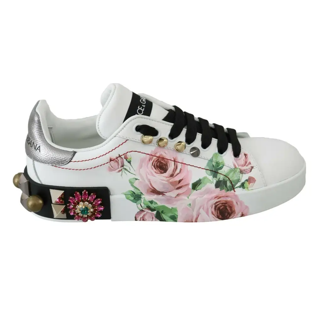 Dolce & Gabbana Weißes Leder Kristall Rosen Floral Turnschuhe Schuhe - EU35/US4.5