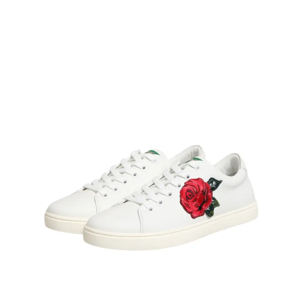 Dolce & Gabbana Weißes Leder mit Rosenstickerei Low-Top Schuhe