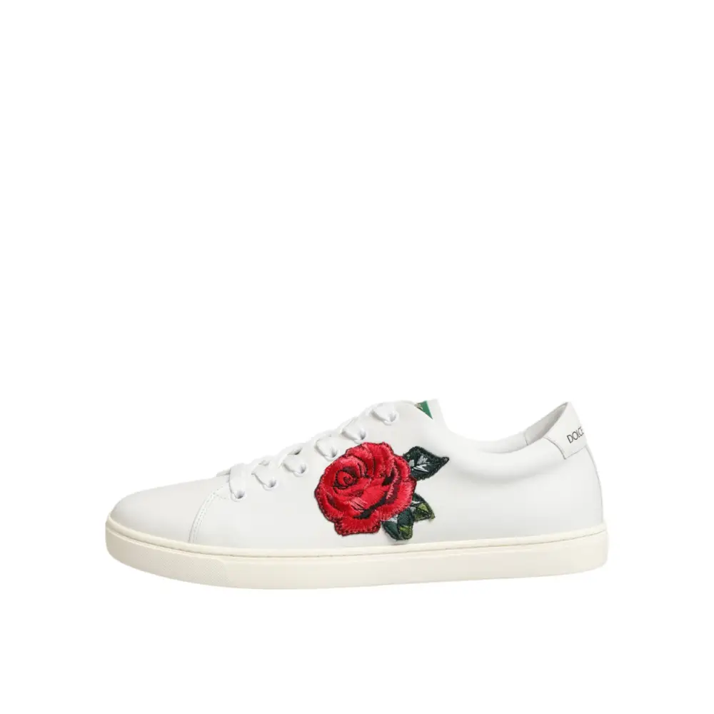 Dolce & Gabbana Weißes Leder mit Rosenstickerei Low-Top Schuhe