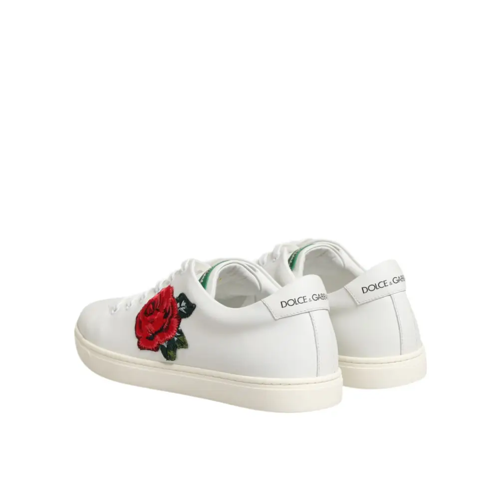 Dolce & Gabbana Weißes Leder mit Rosenstickerei Low-Top Schuhe