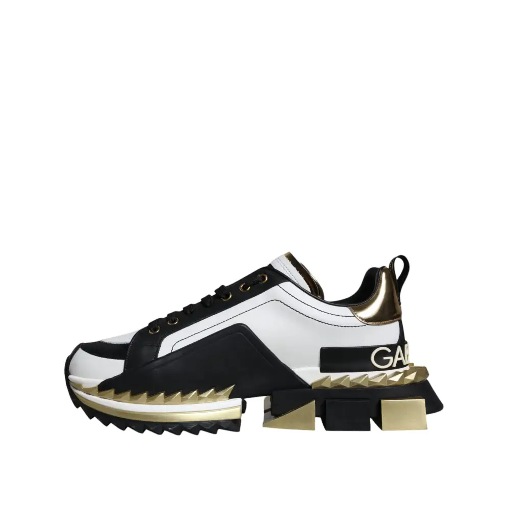 Dolce & Gabbana White Gold Black Leather SUPER KING Sneakers Shoes