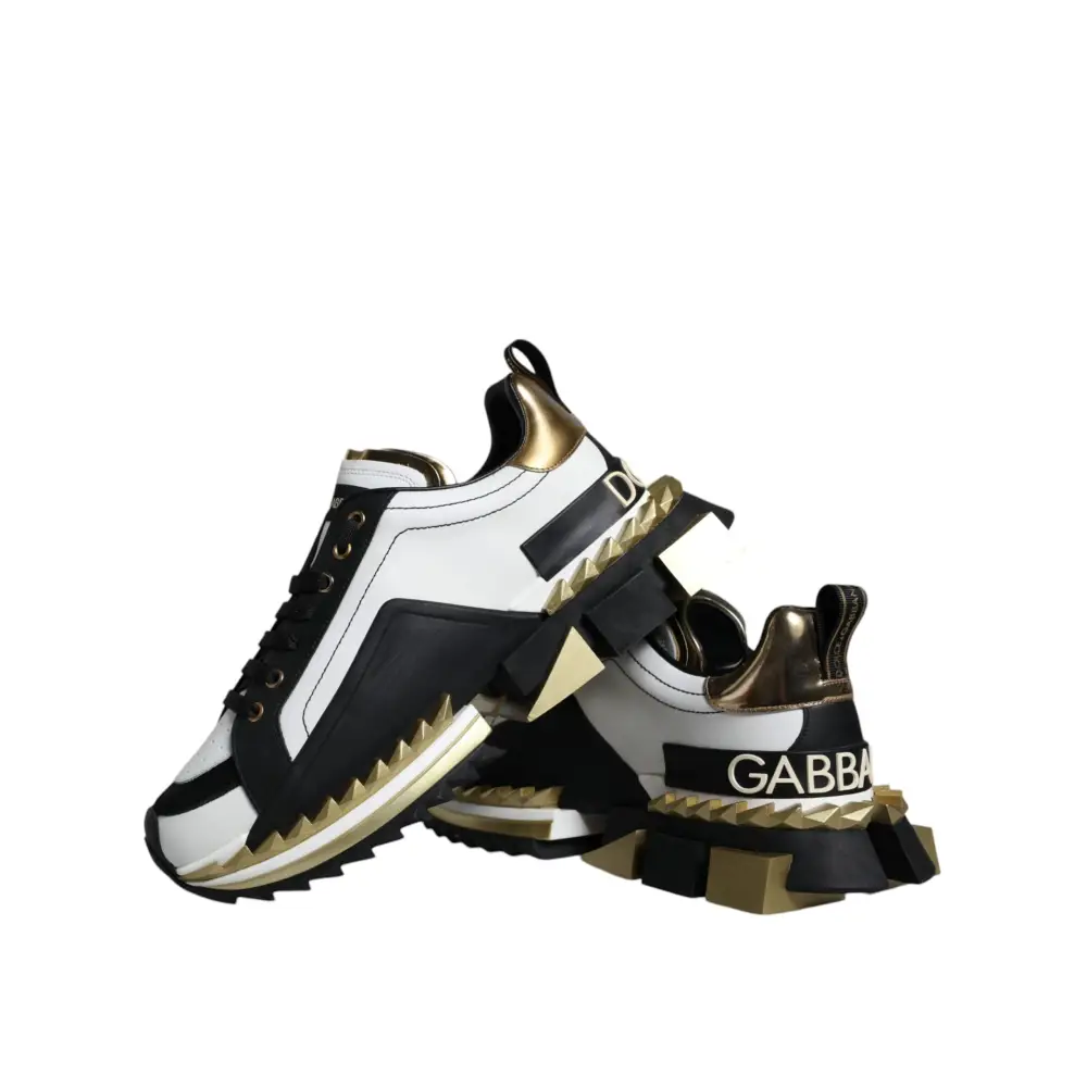 Dolce & Gabbana White Gold Black Leather SUPER KING Sneakers Shoes
