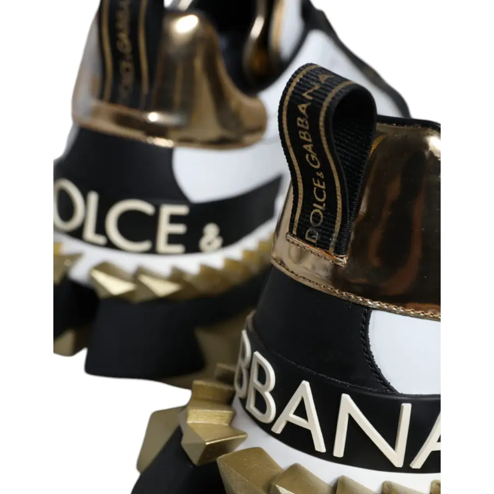 Dolce & Gabbana White Gold Black Leather SUPER KING Sneakers Shoes