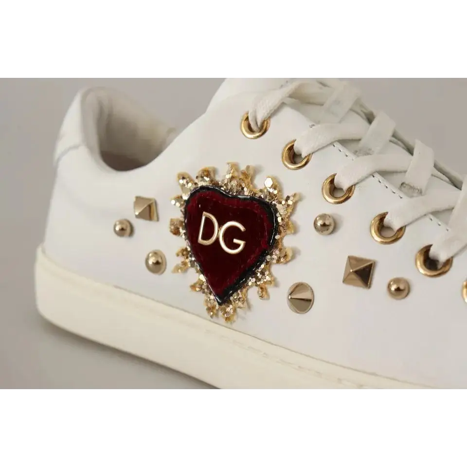 Dolce & Gabbana White Leather Gold Red Heart Sneakers Shoes