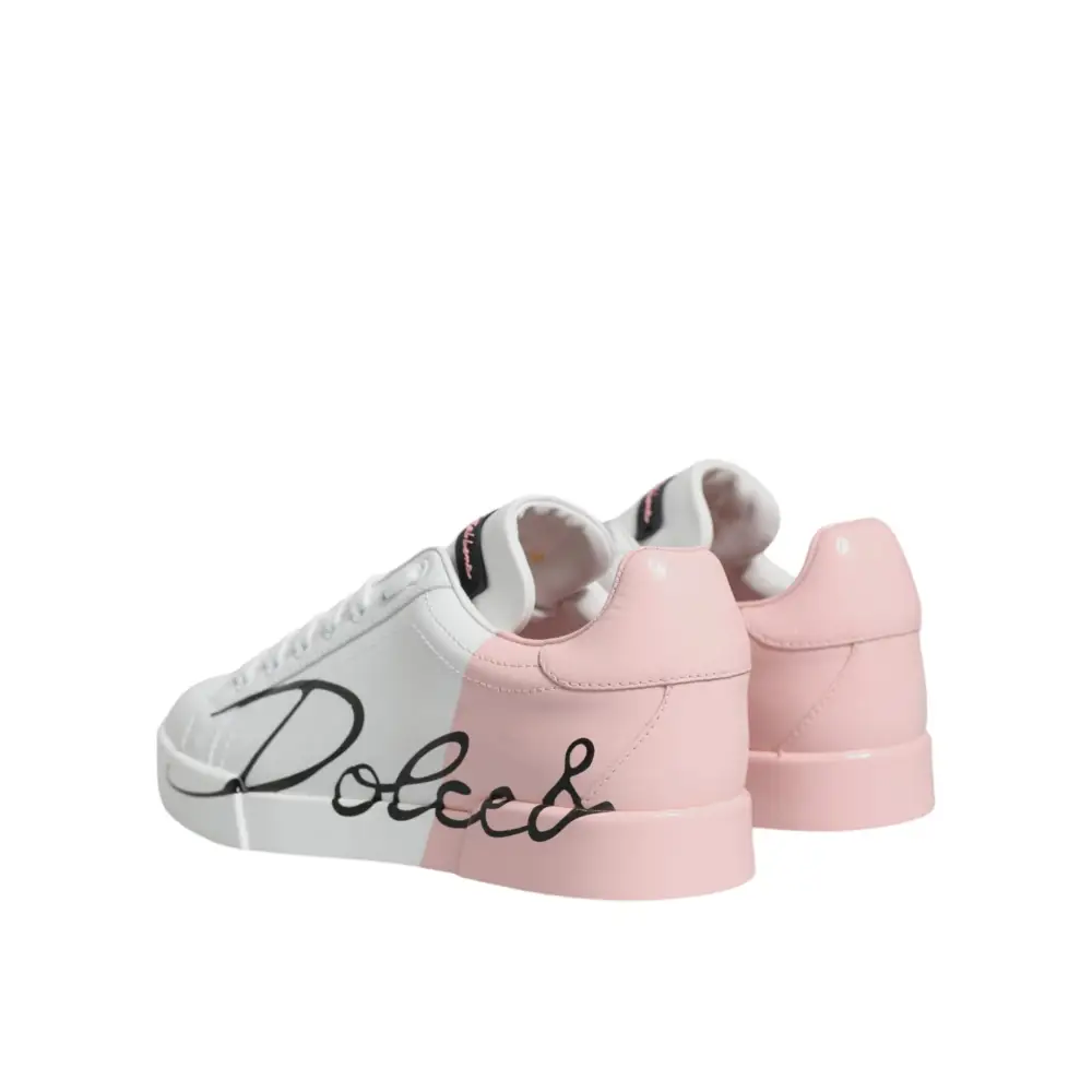 Dolce & Gabbana White Pink Portofino Low Top Sneakers Shoes - EU35/US4.5