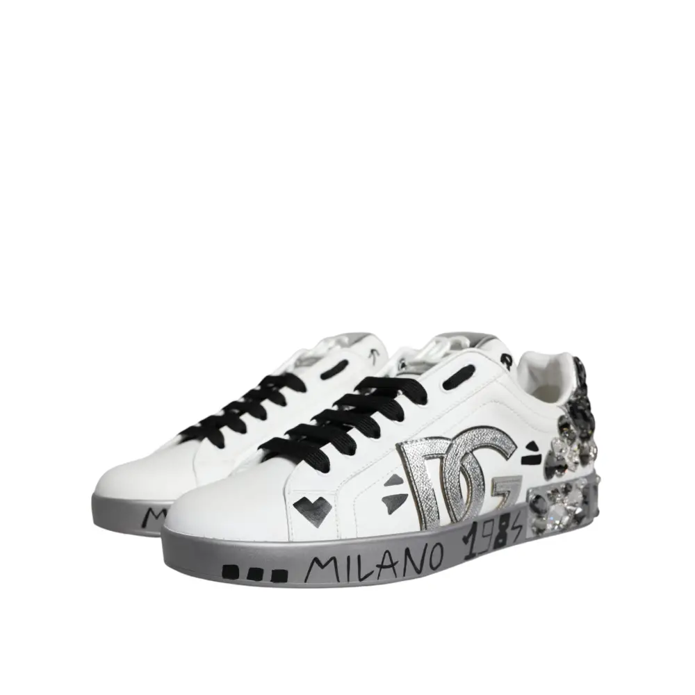 Dolce & Gabbana White Silver Crystal Logo Portofino Sneakers Shoes
