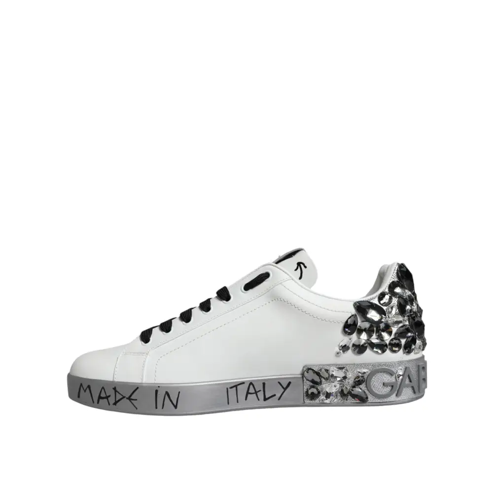 Dolce & Gabbana White Silver Crystal Logo Portofino Sneakers Shoes