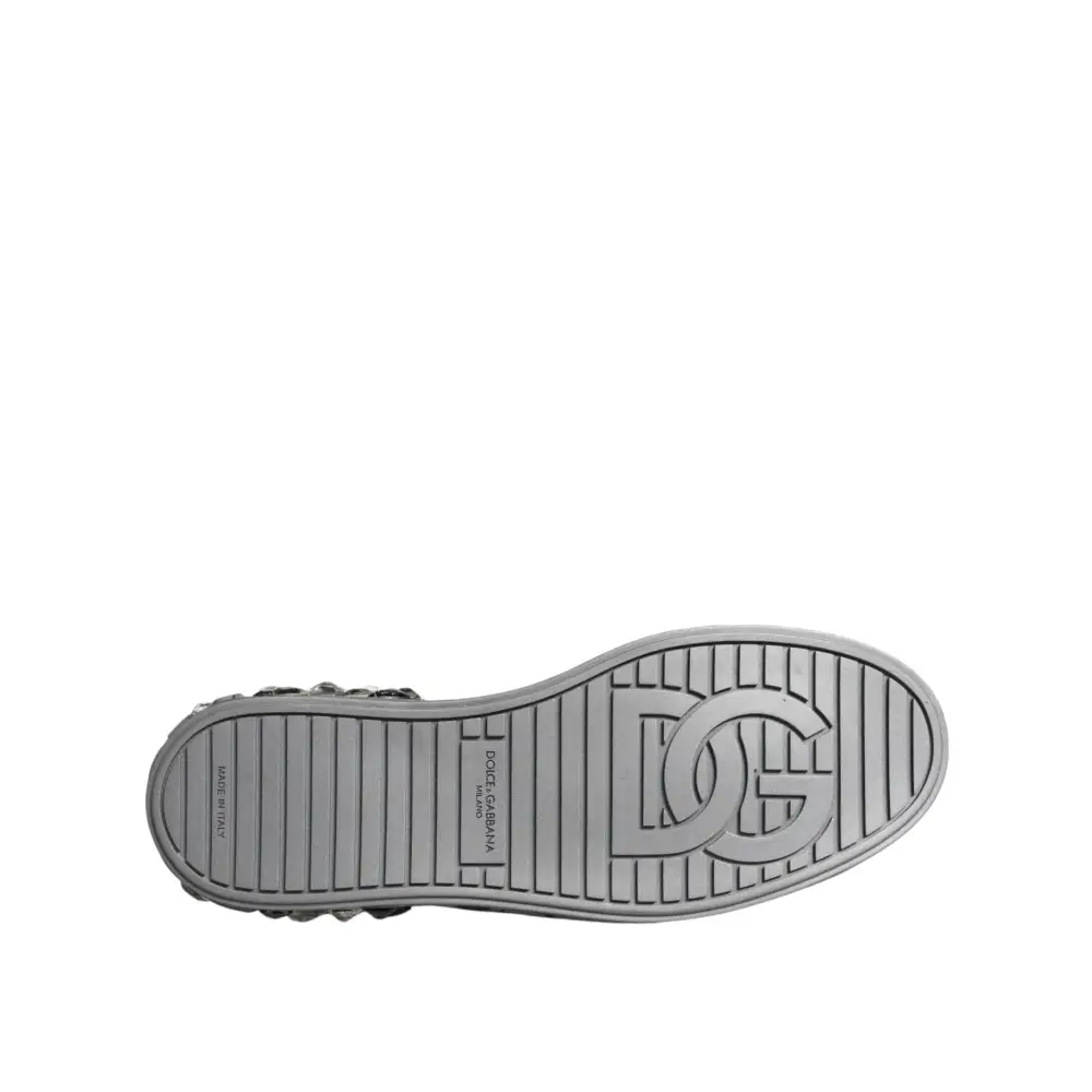 Dolce & Gabbana White Silver Crystal Logo Portofino Sneakers Shoes