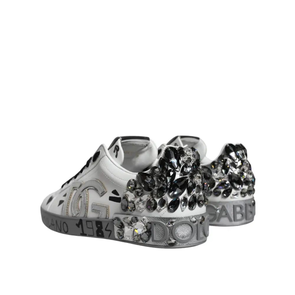 Dolce & Gabbana White Silver Crystal Logo Portofino Sneakers Shoes