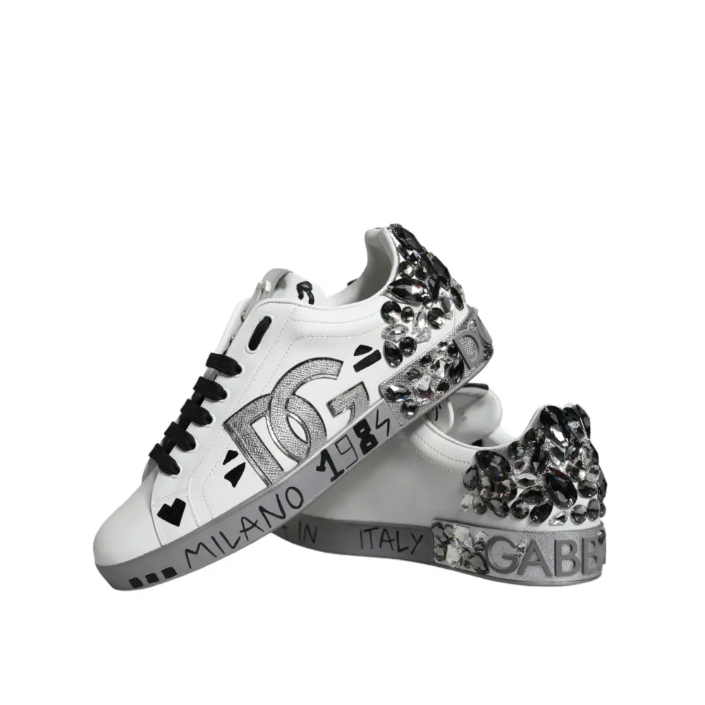 Dolce & Gabbana White Silver Crystal Logo Portofino Sneakers Shoes