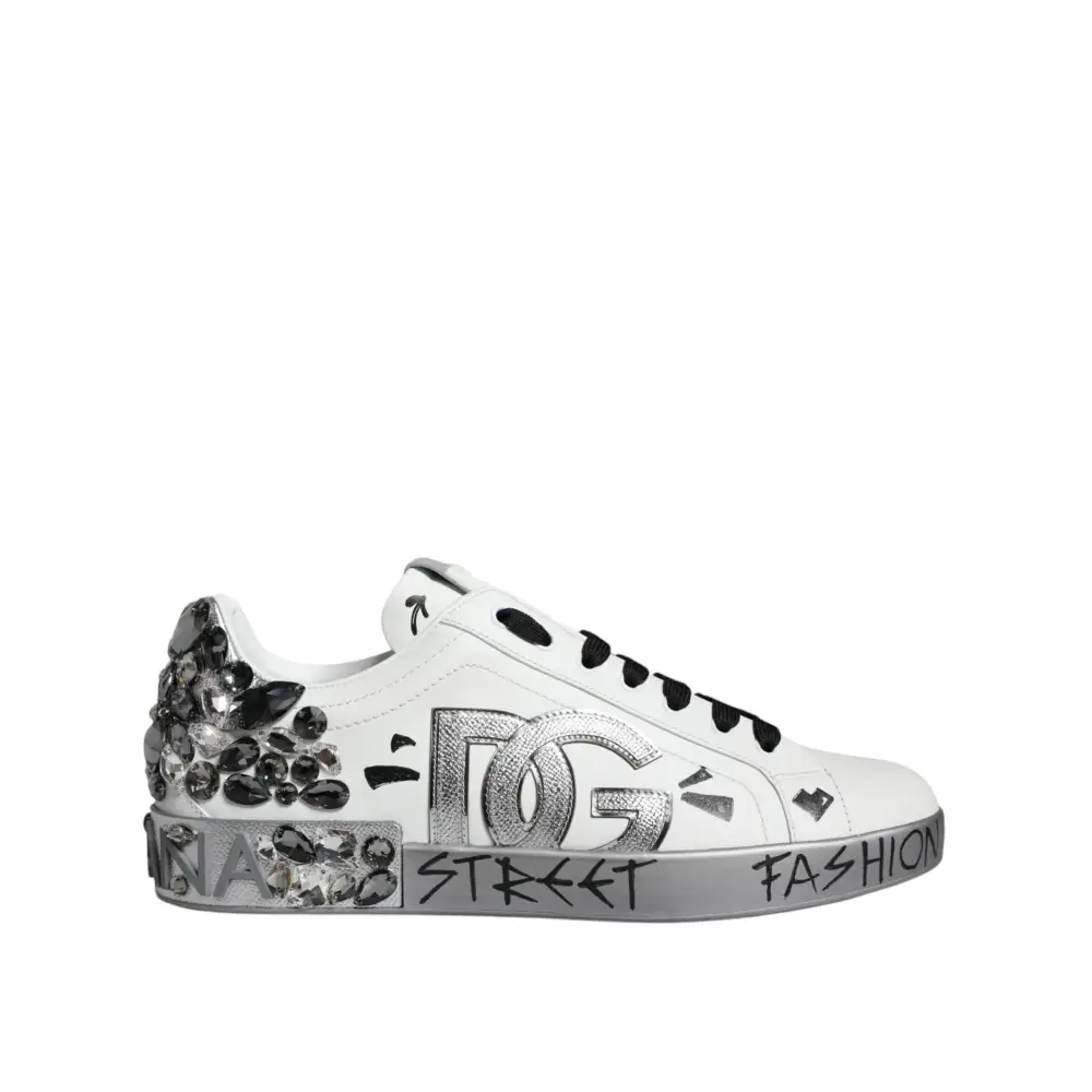 Dolce & Gabbana White Silver Crystal Logo Portofino Sneakers Shoes