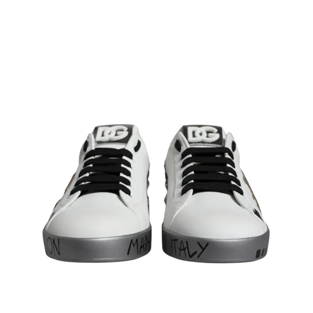 Dolce & Gabbana White Silver Crystal Logo Portofino Sneakers Shoes