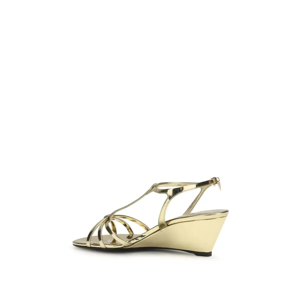 Prada Gold Calf Leather Bos Taurus Keilabsatz-Sandalen