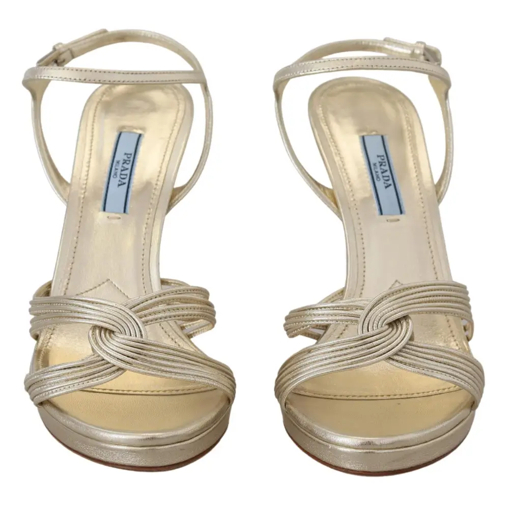 Prada Goldene Leder-Sandalen Knöchelriemen-Absätze Stiletto-Sandale