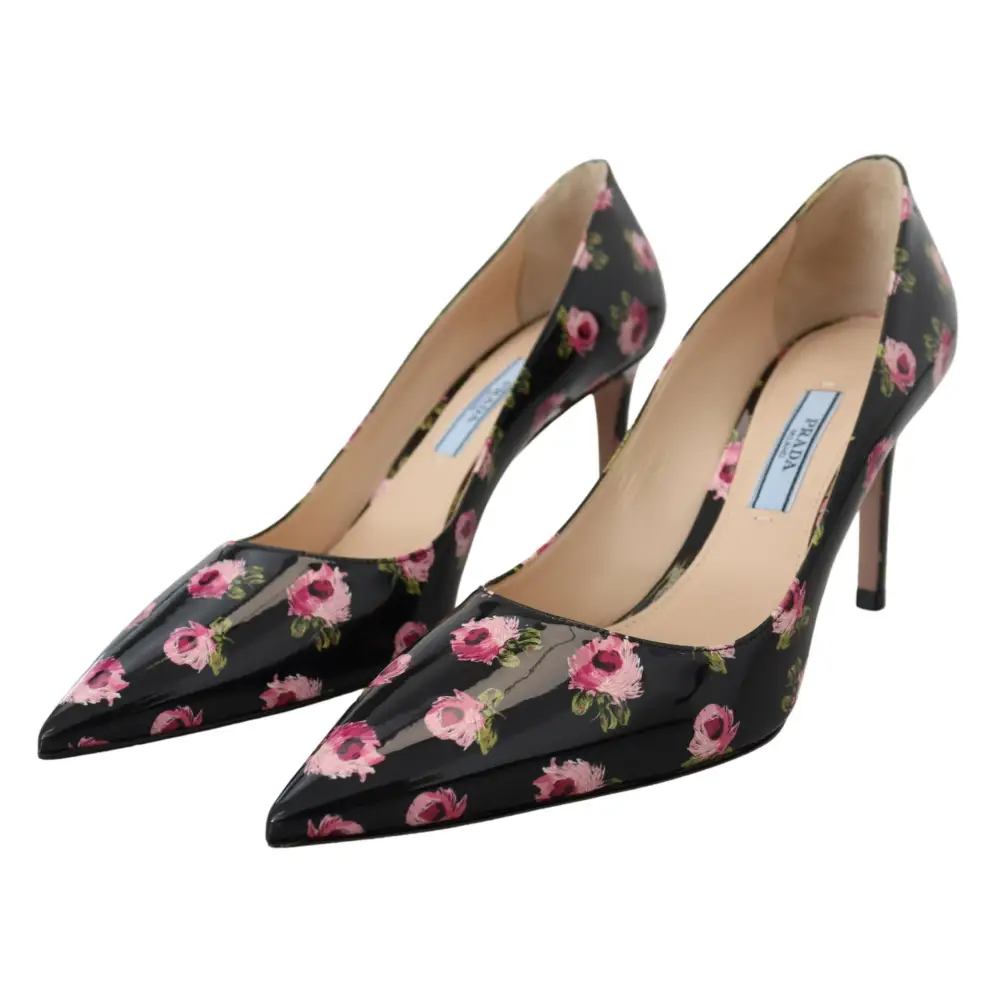 Prada Schwarzes Leder Floral Heels Stilettos Pumps - EU39.5/US9